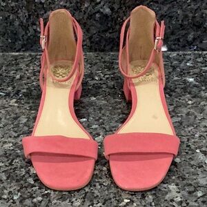 Preowned Vince Camuto Block Heeled Sandals Pink Suede Size 7.5 (Item#S038)